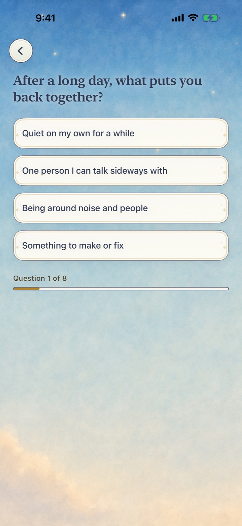 A personality question asks what helps after a long day, with four possible answers.