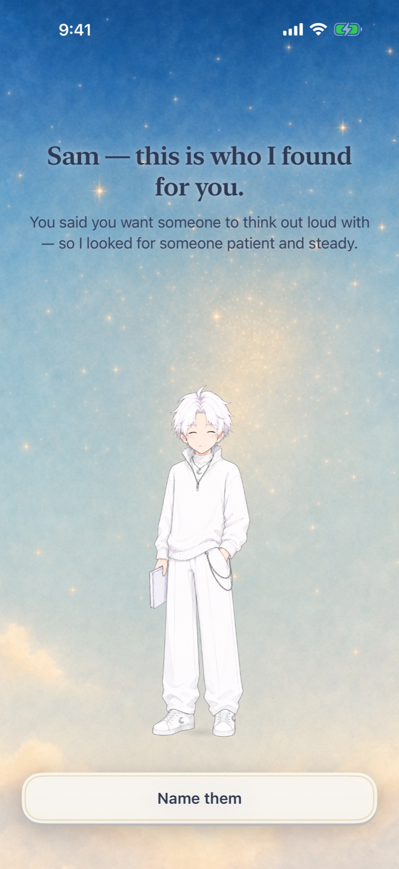 The app introduces a patient, steady companion based on the sample user's answers.